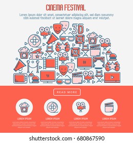 Cinema festival concept with thin line icons related to film. Vector illustration for banner, web page, announcement.