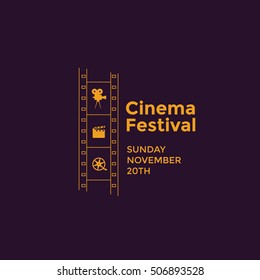 Cinema festival emblem with icons film industry. Vector illustration