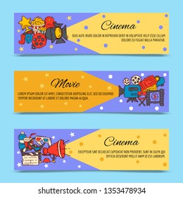 Cinema festival flyer media production background vector. Sale ticket banner. Movie time and entertainment concept. Camera cinematography advertising flat illustration.