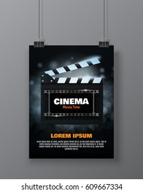 Cinema festival Flyer Or Poster With Movie Reel And Clapper Board. Vector Illustration Of Film Industry. Template For Your Design