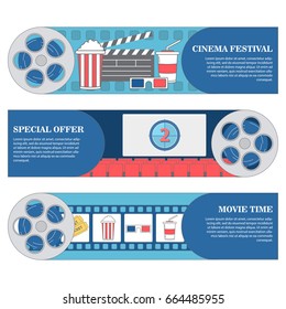 Cinema festival horizontal banners. Vector set of movie cinema banners. poster design template in flat style.