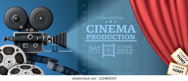 Cinema festival horizontal poster with realistic camcorder reels tickets and red curtains against blue background vector illustration