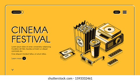 Cinema festival isometric landing page, movie time entertainment concept with popcorn, film projector, 3d glasses, tickets and coffee cup on yellow background. Vector illustration, line art web banner