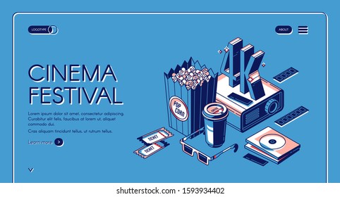 Cinema festival isometric landing page, movie time entertainment concept with popcorn, 4K film projector, 3d glasses, tickets and coffee cup on blue background. Vector illustration line art web banner