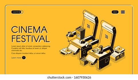 Cinema festival isometric landing page, movie attributes chairs with popcorn, 3d glasses, tickets, cups, film projector with cd disks on yellow background. Vector illustration, line art web banner