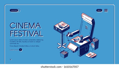 Cinema festival isometric landing page. Film projector stand near chair with popcorn, 3d glasses, tickets and cup on blue background. Movie time entertainment. Vector illustration, line art web banner