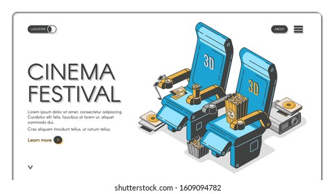 Cinema festival isometric web banner movie chairs with popcorn box, 3d glasses, ticket, coffee cup, film projector with cd disk on retro colored background. Vector illustration, line art, landing page