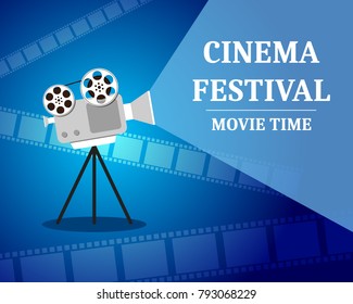 Cinema Festival. Movie time invitation poster with film projector. Cinematography concept. Vector illustration.