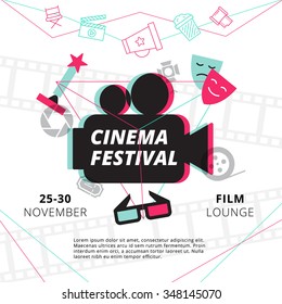 Cinema festival poster with camcorder silhouette in center and attributes of film industry vector illustration
