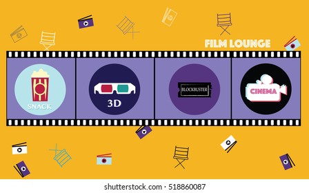 Cinema festival poster with camcorder silhouette and attributes of film industry vector illustration - cartoon. Flat design, 3D, snack, glasses, film role, drinks, labels, posters, banners, ads.