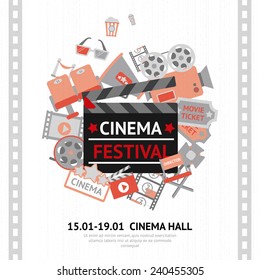 Cinema festival poster with filmmaking business and entertainment equipment vector illustration