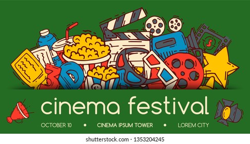 Cinema festival poster flyer media production background vector. Sale ticket banner. Movie time and entertainment concept. Camera cinematography advertising flat illustration.