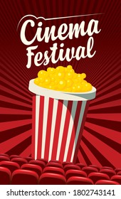 Cinema festival poster with popcorn bucket on a red background with rays. Vector illustration with popcorn, inscription and red seats of movie theater. Suitable for flyer, invitation, ticket, web page