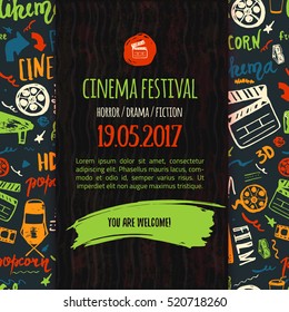 Cinema festival poster with seamless pattern on background with attributes of film industry. Cinematography design items: camera, film tape, popcorn, chair, stars.