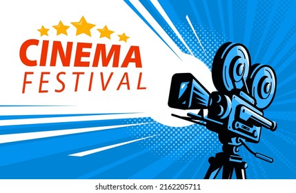 Cinema festival poster template. Retro movie camera with film reels background. Vector illustration