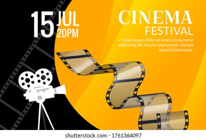 Cinema festival poster template. Vector camcorder and line videotape illustration. Movie festival art background
