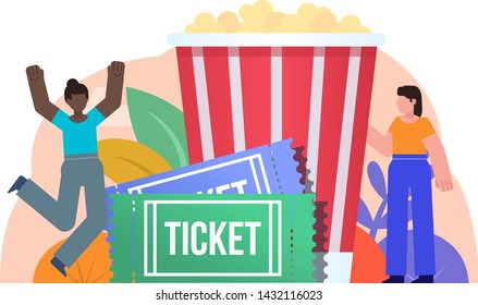 Cinema festival promotion poster. People stand near big popcorn bucket, cinema tickets. Poster for social media, web page, banner, presentation. Flat design vector illustration