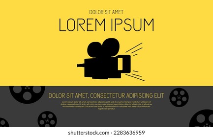 Cinema festival promotion template poster. Backdrop of camcorder and line videotape. Movie and film banner design background with vintage camera. Cinematography industry concept. Vector illustration