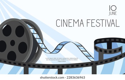 Cinema festival promotion template poster. Backdrop with roll negative videotape. Movie and film banner design background with vintage video tape. Cinematography industry concept. Vector illustration