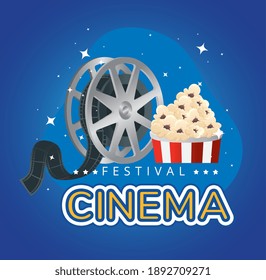 Cinema festival reel and popcorn design, Movie video film media entertainment theme Vector illustration