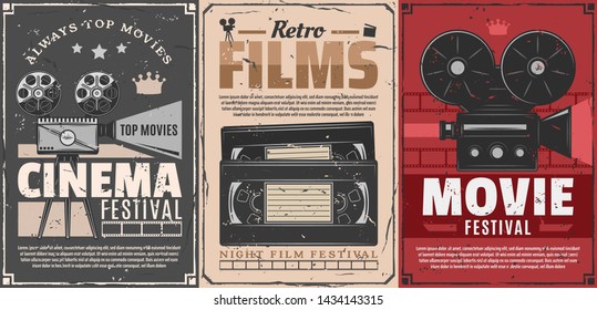Cinema festival of retro movie vector posters. Film camera, reel and vintage projector, video tape cassettes, clapperboard and film frames. Entertainment and video production themes design