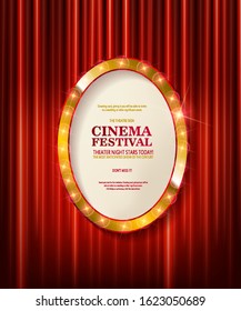 Cinema festival. Theater sign or cinema sign on red curtain. Gold retro signboard. Vector illustration