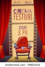 Vertikales Cinema-Festival-Poster mit Vorhang, Sessel mit Essen, 3D-Brille auf Filmstreifen-Hintergrund, Vektorgrafik 