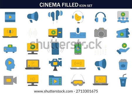 Cinema filled icon set featuring movie symbols, audio tools, cameras, projectors, VR, 4K screens, tickets, speakers, and media elements. Perfect for film, video production, and entertainment design.