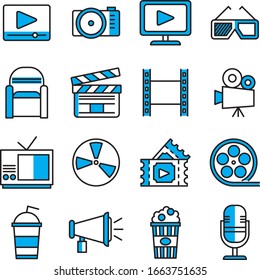 Cinema Filled line icons set vector illustration. Contains such icon as film, movie, tv, video and more. Editable stroke