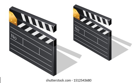 Cinema film clapperboards isometric icons with shadow cartoon vector illustration isolated on white background. Movie industry element, clapper for shooting footages or movie scenes