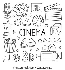 Cinema, film doodle set. Movie elements in sketch style. Camera, film strip, popcorn, clapperboard, ticket. Hand drawn vector illustration isolated on white background.