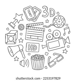 Cinema, film doodle set. Movie elements in sketch style. Camera, film strip, popcorn, clapperboard, ticket. Hand drawn vector illustration isolated on white background.