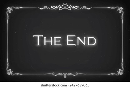 Cinema film end, silent movie screen with retro border. Vector vintage conclusion of the Hollywood movie narrative, features white glowing words the end centered in elegant script on black background