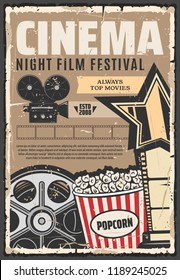 Cinema film festival vector retro poster. Popcorn and camera, vintage reel and projector. Star and vintage stripe, filmmaking studio showing top movies. Cinematography media films, movie production