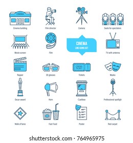 Cinema, film, filming, movie time thin line icons, pictogram set. Building, camera, movie screen, flapper, glasses, ticket masks awards cashbox spotligh Icons for illustration editable stroke