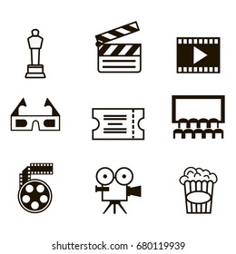 Cinema (film) icons set with - film projector, film, 3d glasses, popcorn in stripes, movie ticket.