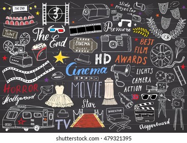 Cinema and Film Industry Set. Hand Drawn Sketch, Vector Illustration on Chalkboard.