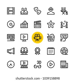 Cinema, film industry, video production line icons set. Modern graphic design concepts, simple outline elements collection. 32x32 px. Pixel perfect. Vector line icons