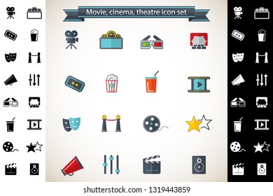 Cinema, film industry, video production icons set.
