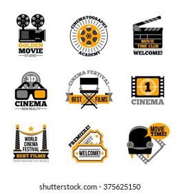 Cinema and film labels with director chair 3d glasses cinema tickets projector flat signs isolated vector illustration   