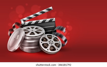 Cine de cine en discos de cinta en cajas y directores se aferran a la producción de películas. Ilustración vectorial