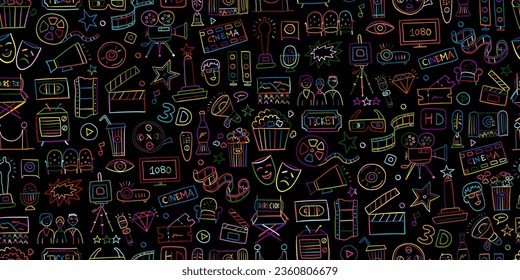 Cinema, film movie watching. Vintage seamless pattern background for your design