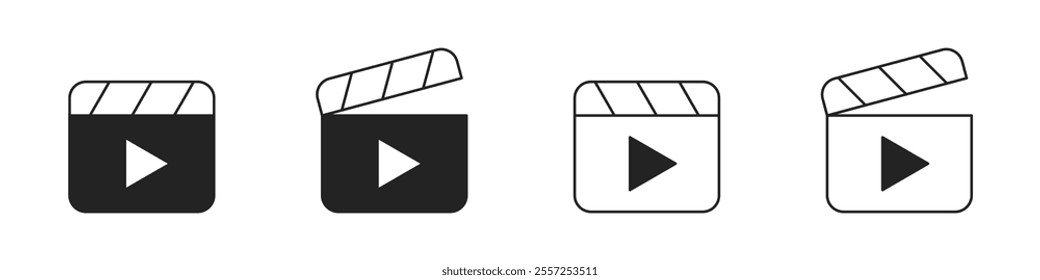 Cinema film play clapper button with play sign black isolated illustration. Vector icons in flat style