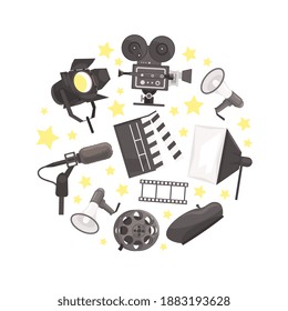 Cinema, Film Production, Cinematography Industry Attributes of Circular Shape Flat Vector Illustration