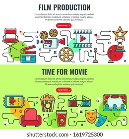 Cinema, film production and movie industry horizontal banners with colored line icons viewer, ticket, popcorn, clapperboard. process infographics. isolated vector illustration