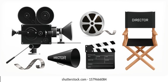 Cinema film production realistic set of isolated images with clapper reel and camera with directors chair vector illustration