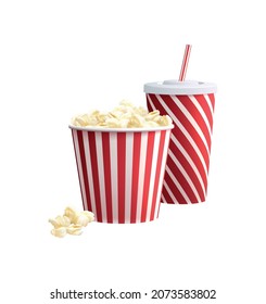 Cinema film production realistic transparent composition with isolated images of cups with cola and corn vector illustration