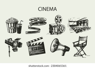 Cinema and film set. Hand drawn vintage illustrations