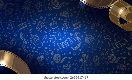 Cinema filme tira onda, rolo de filme dourado sobre fundo azul. panfleto de filme 3d ou pôster com ícones desenhados à mão clapper filme, milho pop,, bilhete. Conceito cinematográfico, festival de cinema. Ilustração vetorial