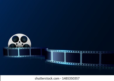 Cinema film strip wave and film reel isolated on blue background. 3d movie art blank for cinema festival. Design element template can be used for advertising, backdrop, brochure, ticket.